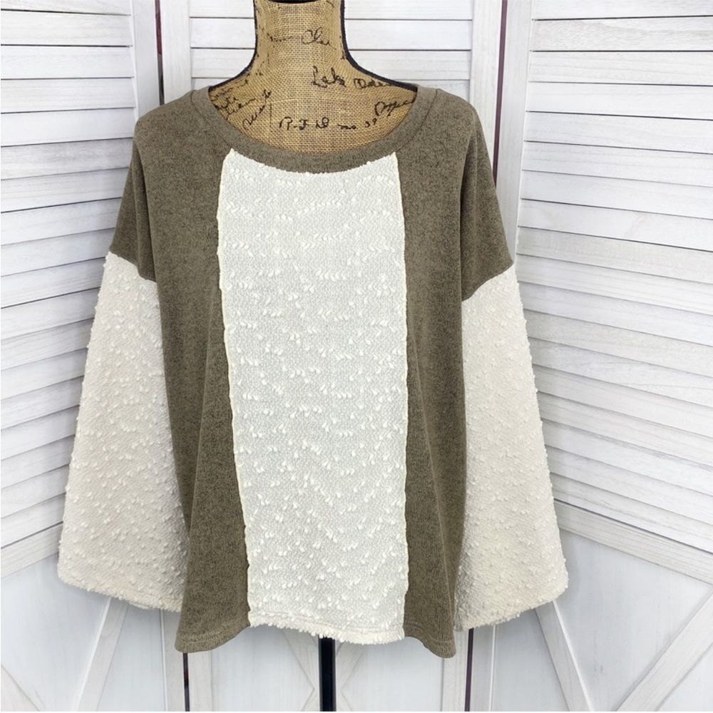 POL‎ Open Tie Back Sweater Bell Sleeve Color Block Brown Cream Large Boho